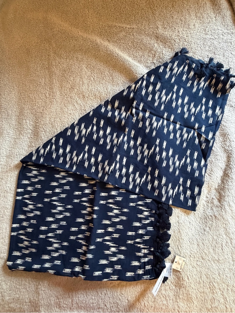 J. Crew Navy and White Ikat Tassel Scarf